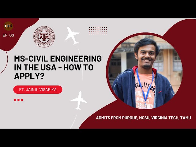 LIKE | SHARE | SUBSCRIBE | KEEP HELPING & MOTIVATINGThis video showcases the personal experiences of Jainil Visariya, a final year BTech - Civil Engineering student at VJTI, Mumbai from his journey of applying to some of the top universities in the USA for MS-Civil Engineering. The experiences of Jainil Visariya can help you make some wise decisions, but these experiences need to be taken with the utmost attention. Take your decisions by yourself, and not at someone else's recommendation.Timestamps:
00:00 - Introduction
00:36 - About Jainil Visariya | Admits
01:16 - Profile (While Applying)
01:50 - Why did you plan to pursue MS-Civil Engineering?
03:56 - Past Work/Internship Experiences
06:25 - About Jainil Visariya's GRE Preparation
11:18 - Masters from India or from the USA?
13:26 - SoP Crafting Suggestions
21:45 - Suggestions from Jainil VisariyaThe MS in Civil Engineering students can take up jobs in various sectors like Civil Engineering, Construction, Transportation, Tunnel Engineering, etc. They can also start their own construction business. The candidates may conduct research activities in various technologies and subjects related to Civil Engineering.TOP UNIVERSITIES FOR MS - CIVIL ENGINEERING: https://collegedunia.com/usa/article/masters-in-civil-engineering-in-usa-complete-course-guideWatch this video till the end to not miss any important detail. If you are planning to apply to MS in Civil Engineering in the USA, then this is the perfect video for you.Jainil Visariya: https://www.linkedin.com/in/jainil-visariya/
Email ID: jainil.visariya@gmail.comBlog Website: https://thebrownfella.comFind me at:
LinkedIn: https://www.linkedin.com/in/vedant-athavale/
LinkedIn Page: https://www.linkedin.com/company/the-brown-fella/?viewAsMember=true
Instagram: https://www.instagram.com/_an__aesthete/
Twitter: https://twitter.com/thebrownfella_
Portfolio Website: https://vedantathavale.webflow.io/
Email ID: vedantathavale@thebrownfella.comWho am I? (In Brief):A final year (senior) student at VJTI, Mumbai pursuing Electronics and Telecommunications Engineering. Interested in Front End Development, UI/UX, Data Analytics, and Story Telling ofcourse!