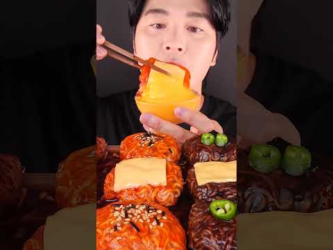 Mukbang ASMR #Shorts :) Sausage & Spicy Mushrooms & Fire Noodles Wraps Eating 불닭볶음면 불닭쌈 소세지 먹방