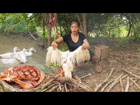 Catch and cook Duck for survival food, Duck hot spicy roasted for dinner