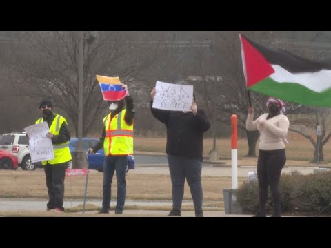 YouTube video thumbnail: Demonstrators in Fayetteville, Fort Smith Protest After Venezuelan President Captured