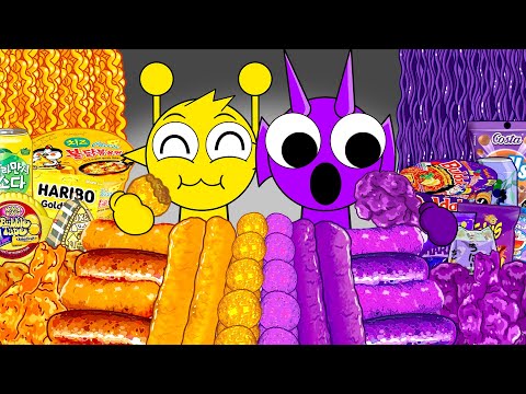 Incredibox Sprunki - FUN BOT & DURPLE Eating Purple Yellow Noodles, Enoki Mushrooms | ASMR Mukbang