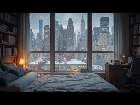 Snowstorm outside Cozy Apartment in New York ❄ Relaxing Jazz Piano for  Winter Day Retreat