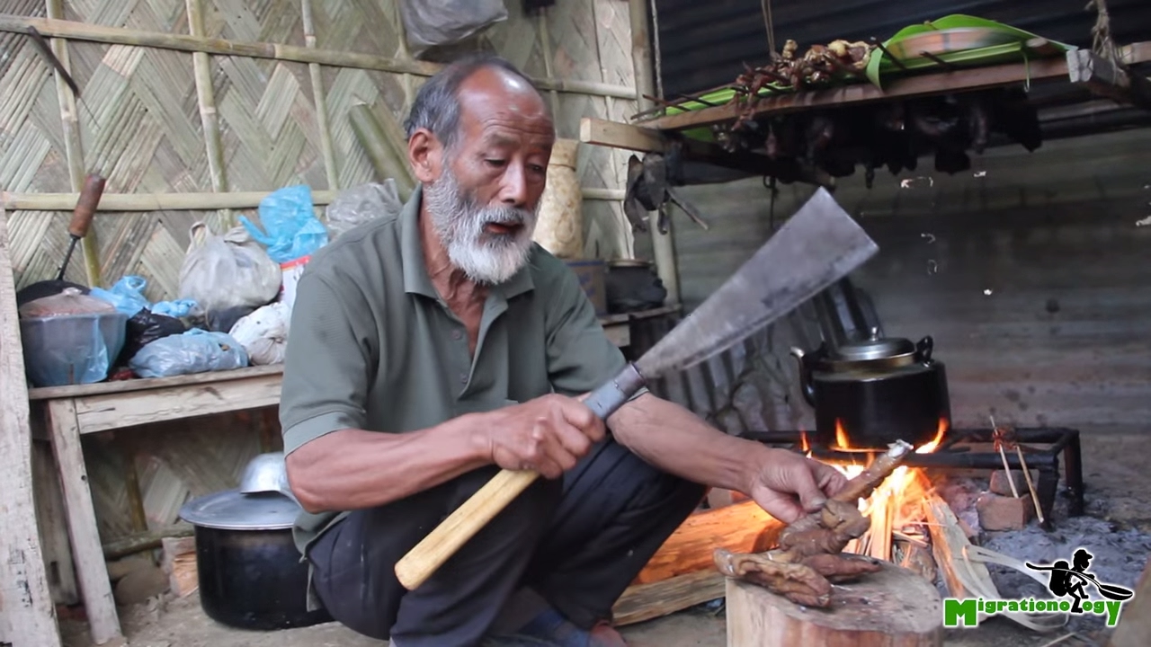 Indian Village Food in Nagaland - Fire Roasted Pig Intestines with Grandpa