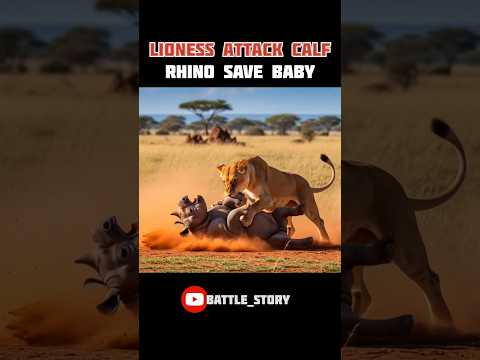 lioness attacks rhino calf, but the mother charges in hits the lioness hard, and saves her baby.