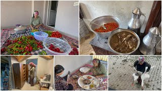 EKŞİMEYEN BOZULMAYAN KONSERVE MENEMEN YAPILIŞI👍🏻SOBADA ET PİŞİRDİM ÖĞLE YEMEĞİ