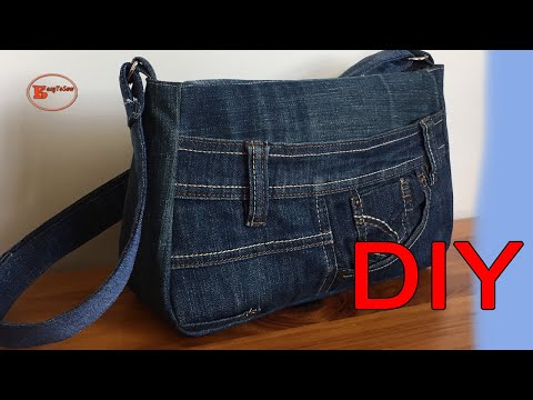DIY CROSSBODY BAG FROM OLD JEAN WITH DIVIDED ZIPPER POCKET SEWING TUTORIAL.