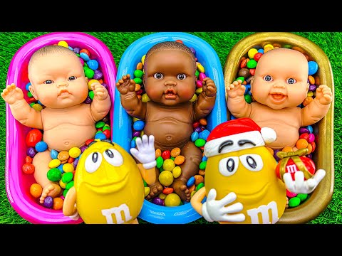 Satisfying Video | M&Ms Slime & Skittles Candy Mixing in Three BathTubs with Kinder Joy Cutting ASMR