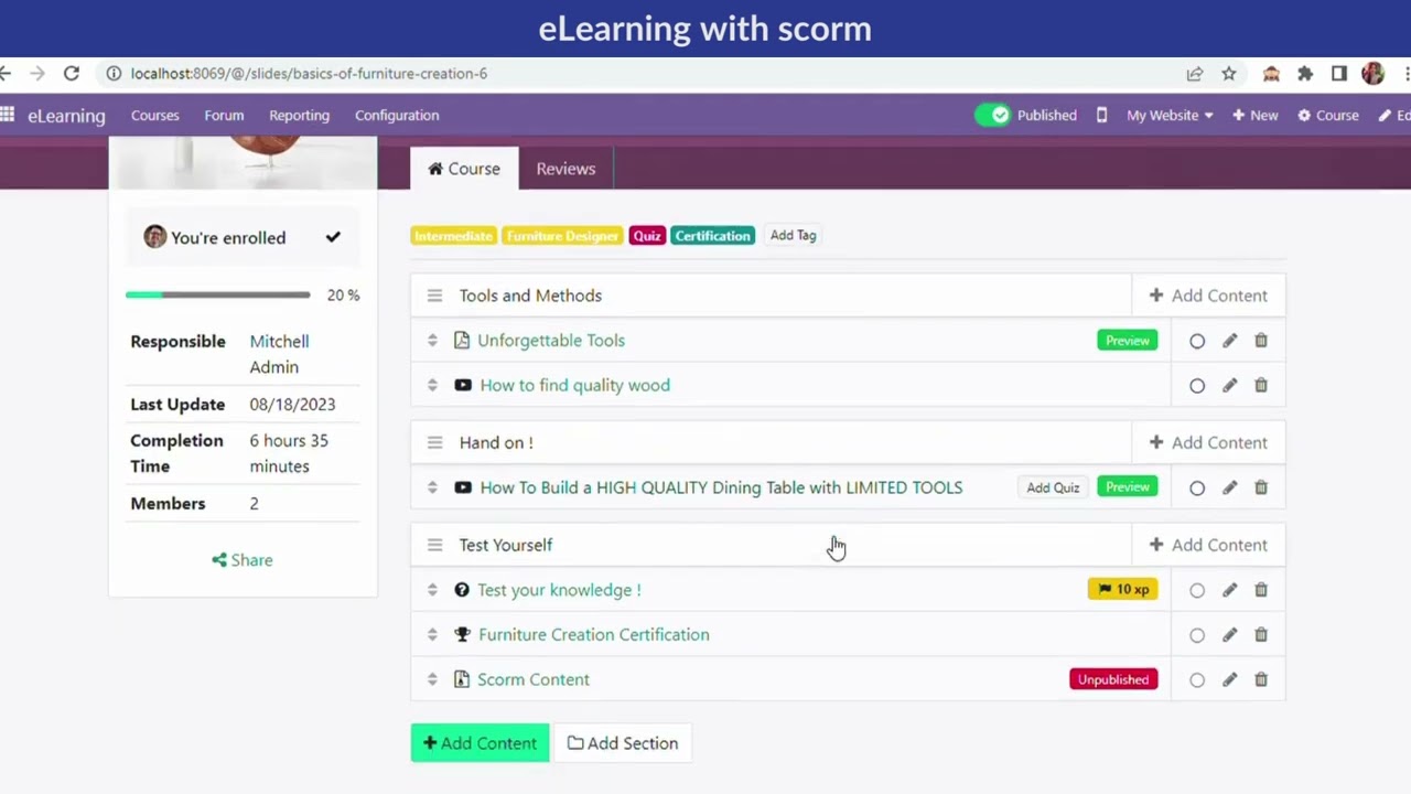 Odoo: Quick overview of eLearning with scorm app | 18.08.2023

SCORM (Sharable Content Object Reference Model) is a set of standards that defines how eLearning content should be created, ...
