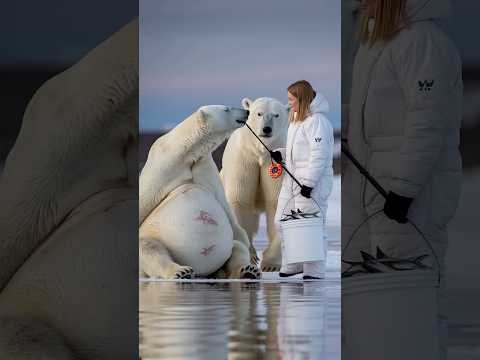 Fisherwoman helps a polar bear in labor.