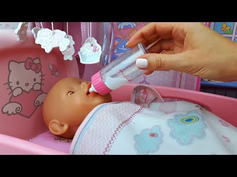 Baby Born doll evening routine in Baby Annabell bedroom - Cute Baby doll bath in pink bathroom