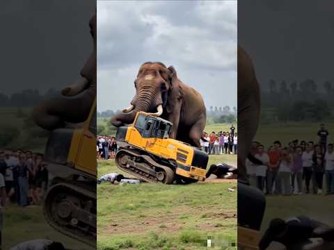 The elephant is breaking the JCB machine and many people are trying to chase it away #jcb #elephant
