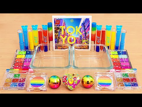 Tokyo Rainbow Lights - Mixing Makeup Eyeshadow Into Slime ASMR