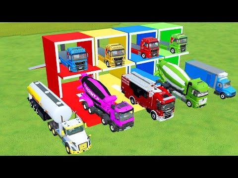 TRANSPORTING MIXER CEMENT TRUCK, DUMP TRUCK, POLICE CAR TO GARAGE WITH MAN TRUCK - FS22