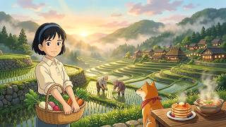 Golden Hour Rice Terraces 🌾 Fresh Harvest, Pancakes & Shiba Inu | Ghibli-Style ASMR