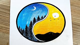 رسومات | رسم منظر طبيعى الليل والنهار بالالوان للمبتدئين خطوة بخطوة | رسم 🎨 | تعليم الرسم