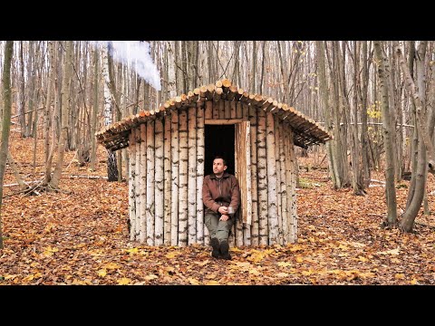 Building Warm Cozy Bushcraft Survival Shelter, Hanging Wood Stove, Oil Сandle, Fried Mushrooms