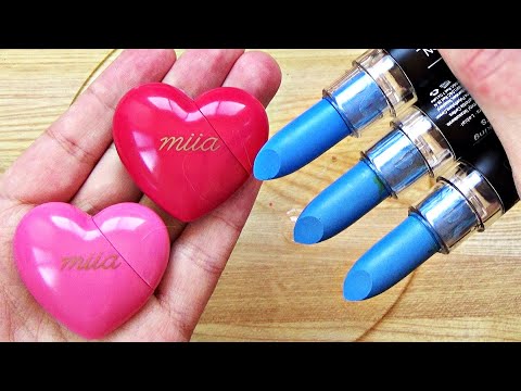 Satisfying Slime Coloring with Makeup! Mixing 3 Blue Lipsticks & Heart Shaped Lip Gloss into Slime!