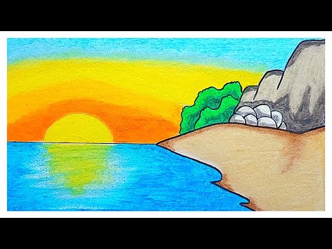 Menggambar Pemandangan | Cara Menggambar Pemandangan Sunset Di Danau Menggunakan Oil Pastels