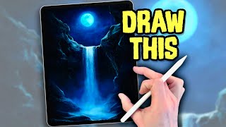 PROCREATE Landscape Drawing Tutorial - Moonlight Waterfall