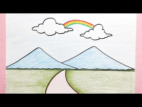 Cara menggambar pemandangan gunung dan pelangi - How to draw simple scenery