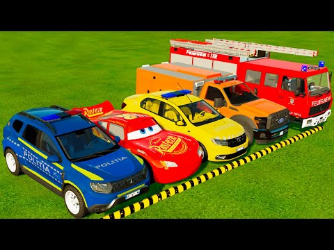 DACIA, MCQUEEN CAR سيارة ماكوين FORD POLICE CARS, AMBULANCE EMERGENCY TRANSPORTING WITH TRUCKS!