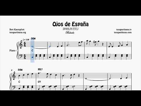 Ojos de España Easy Piano Sheet Music in C Major by Bert Kaempfert Ballad Beginner Level Soloist