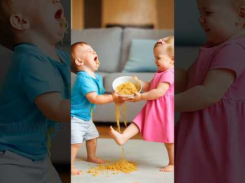 Babies Fighting Over Noodles 😢 Then Mom Melts Hearts ❤️#baby #funny #cute  #cutebaby #youtubeshorts