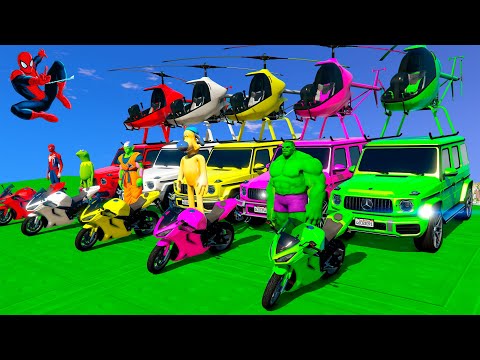 Spiderman & Super Heroes Race In Mega Ramps By Mack Trucks & Sea Bikes Super Cars