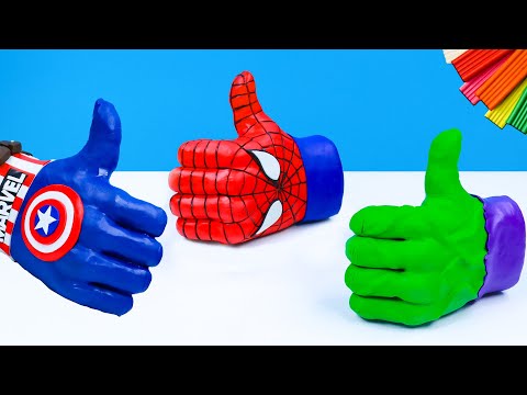 DIY thumbs-up hands in the style of superheroes Spider-Man, Hulk, and Captain America with clay