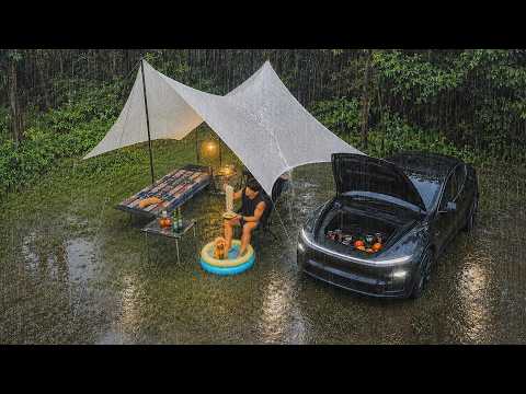 40℃ Heavy Rain Camping in a Tesla Model Y Juniper with My Dog . Sound of Rain ASMR