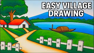 How to Draw Easy Village Scenery Drawing With River Side Landscape Drawing with Boat & Hills Drawing