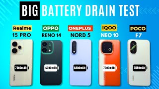 Realme 15 Pro vs POCO F7 vs OnePlus NORD 5 vs iQOO Neo 10 vs OPPO Reno 14: BIG BATTERY DRAIN TEST