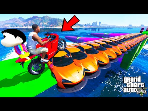 FRANKLIN TRIED SUPERCARS BRIDGE PARKOUR RAMP CHALLENGE GTA 5 | SHINCHAN and CHOP
