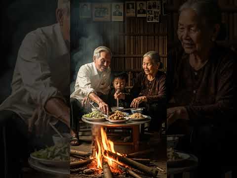 ông bà già việt nam và cháu nhỏ ngồi ăn cơm bên bếp lửa