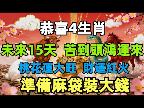 恭喜4生肖，未來15天，苦到頭鴻運來，桃花運大旺，財運紅火，準備麻袋裝大錢！