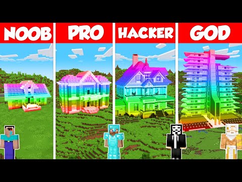 Rainbow House Build Battle Challenge - Noob vs Pro vs Hacker vs God - Minecraft Animation