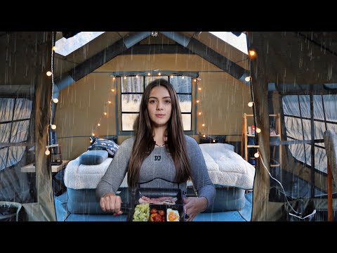 RAIN and STORM Camping in AIR Tent | Solo in Cozy hot tent | ASMR