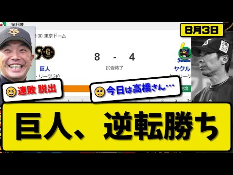 【3位vs6位】読売ジャイアンツがヤクルトスワローズに8-4で勝利…8月3日逆転勝ちで連敗を４で止める…先発井上4.2回3失点…ヘルナンデス&岡本&岸田&大城が活躍【最新・反応集・なんJ・2ch】