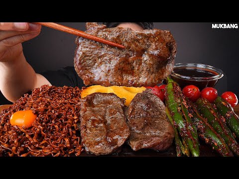 ASMR MUKBANG | BLACK BEAN NOODLES & STEAK 🥩 CHILI PEPPER KIMCHI 짜파게티 한우 소고기 구이 고추김치 소스 퐁당! 먹방