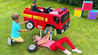 Surprise for Max! Kids Unboxing And Assembling a toy fire truck and riding it