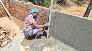 Piller Plastering Works_Roof Handwall Joined Brick Piller Plastering with Cement Mixing|Pillar Works