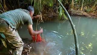 REFORCEI A ARAPUCA PARA SEGURAR A COTIA, E FIZ UM MECANISMO PARA PEGAR PEIXE.