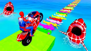 الأبطال الخارقين على القضبان دوامة قمع جسر SPIDER MAN! 🏍️on Motorcycle in Spriunki Bridge Stunt