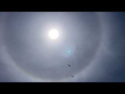 太陽の周りに虹色の輪　沖縄で「日暈」現象　米軍戦闘機が横切る場面も