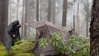 Heavy Rain Hot Tent Camping – 3 Days Alone in the Forest
