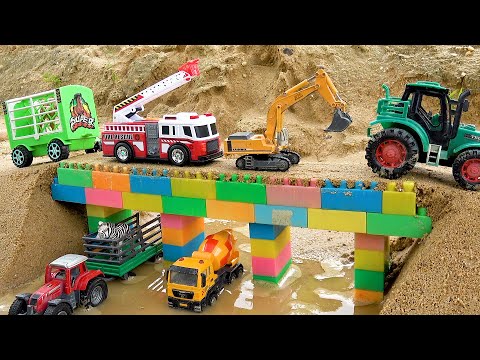 Construction truck, cargo vehicle, tractor falls off bridge | Toy construction vehicle story