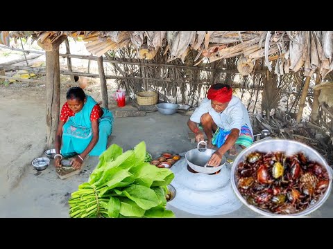 CRAB CURRY with PALONG SHAK and brinjal vorta cooking & eating by santali tribe old couple