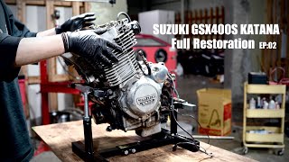 【SUZUKI GSX400S 刀 フルレストア 2】圧縮０のエンジンを分解して内部を見てみると..