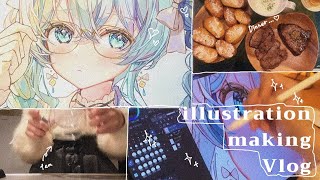【音声付き解説】初のイラストメイキングVlog🎨🍰久しぶりの二次創作🩵🎤贅沢なご褒美、たまには良いよね🥩🍞【Vlog】