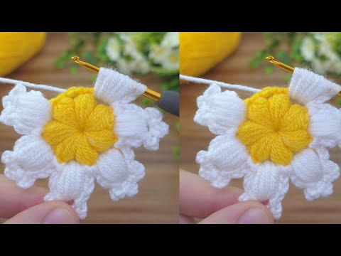 Wow Easy daisy🌼 Pearl Crochet Flower Using the Caterpillar (Loop Puff) Stitch–So Beautiful! #crochet